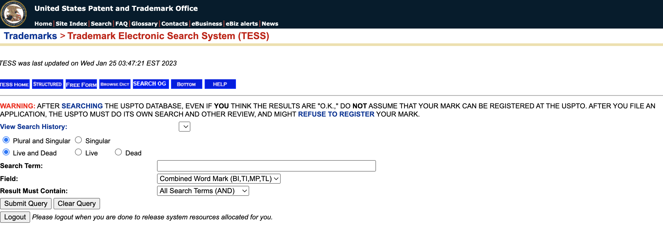 USTPO Trademark Electronic Search SystemWord Mark Search